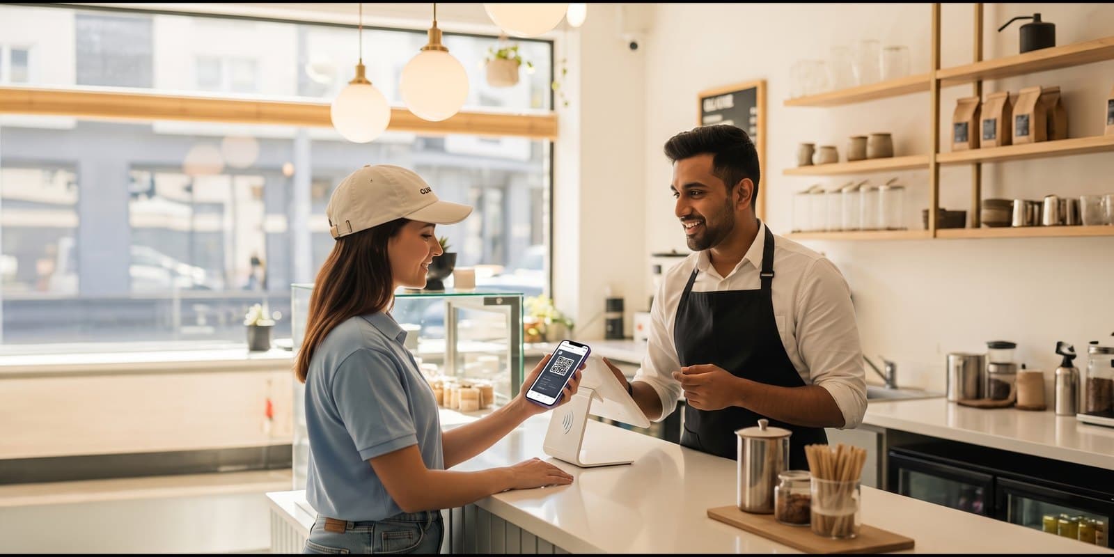 A member paying at the counter of a local business