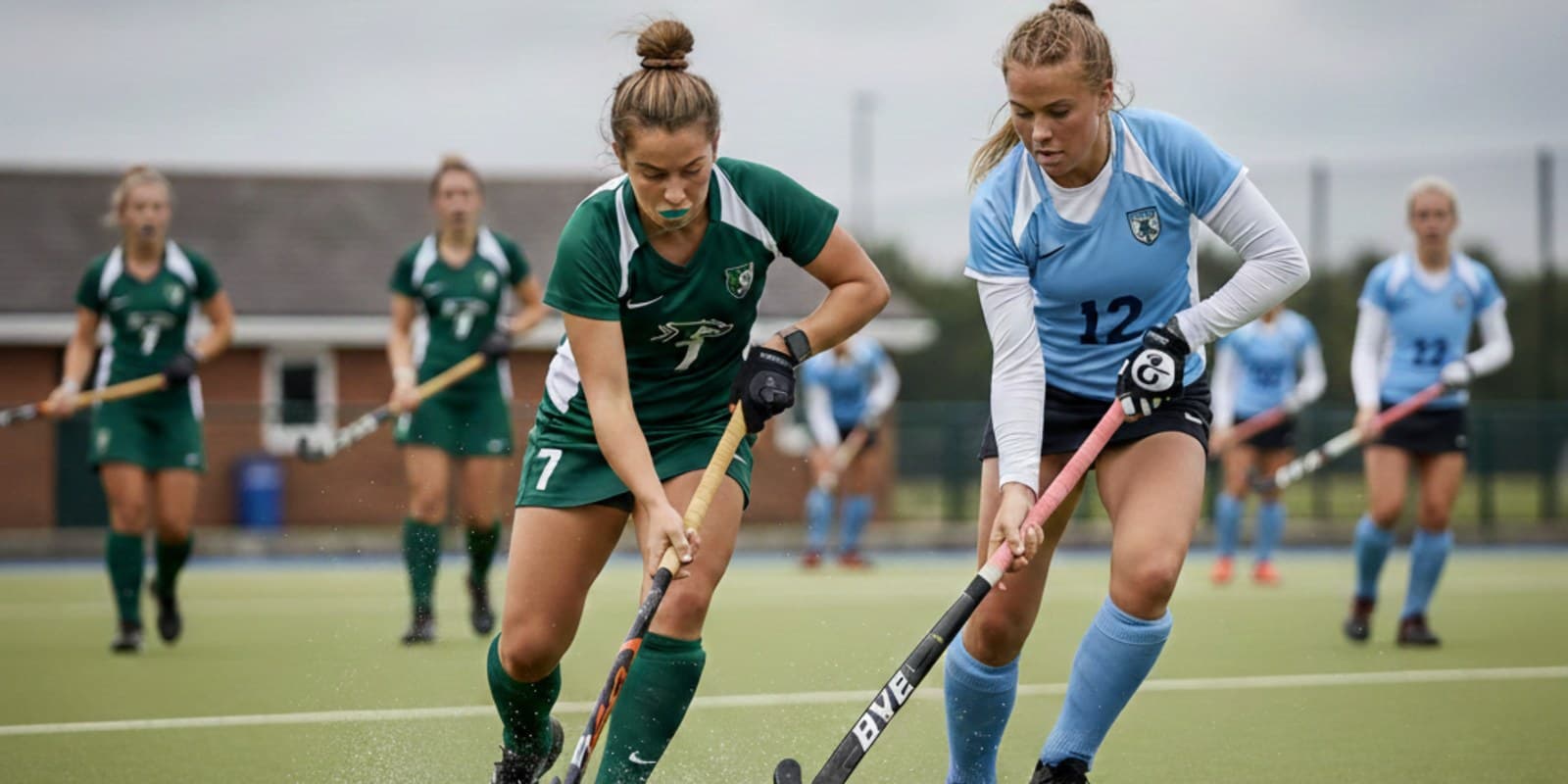 Two field hockey players contesting the ball during a club match